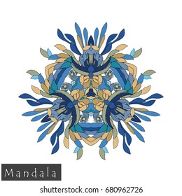 Floral symmetrical geometrical symbol. Vector flower mandala icon isolated on white. Oriental round colored pattern. Arabic, Indian, Moroccan, Spain, Turkish, Pakistan, Chinese decorative element.