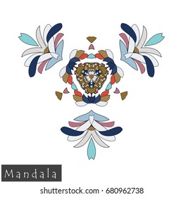 Floral symmetrical geometrical symbol. Vector flower mandala icon isolated on white. Oriental round colored pattern. Arabic, Indian, Moroccan, Spain, Turkish, Pakistan, Chinese decorative element.