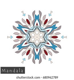 Floral symmetrical geometrical symbol. Vector flower mandala icon isolated on white. Oriental round colored pattern. Arabic, Indian, Moroccan, Spain, Turkish, Pakistan, Chinese decorative element.