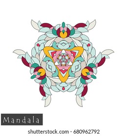 Floral symmetrical geometrical symbol. Vector flower mandala icon isolated on white. Oriental round colored pattern. Arabic, Indian, Moroccan, Spain, Turkish, Pakistan, Chinese decorative element.