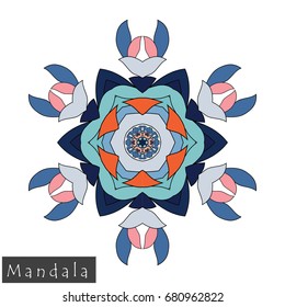 Floral symmetrical geometrical symbol. Vector flower mandala icon isolated on white. Oriental round colored pattern. Arabic, Indian, Moroccan, Spain, Turkish, Pakistan, Chinese decorative element.
