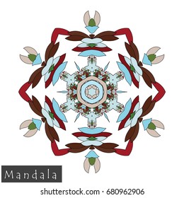 Floral symmetrical geometrical symbol. Vector flower mandala icon isolated on white. Oriental round colored pattern. Arabic, Indian, Moroccan, Spain, Turkish, Pakistan, Chinese decorative element.