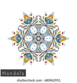 Floral symmetrical geometrical symbol. Vector flower mandala icon isolated on white. Oriental round colored pattern. Arabic, Indian, Moroccan, Spain, Turkish, Pakistan, Chinese decorative element.