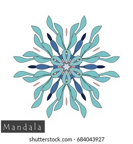 Floral symmetrical geometrical symbol. Vector flower mandala icon isolated on white. Oriental round colored pattern. Arabic, Indian, Moroccan, Spain, Turkish, Pakistan, Chinese decorative element.