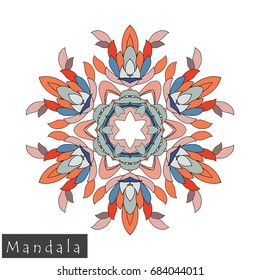 Floral symmetrical geometrical symbol. Vector flower mandala icon isolated on white. Oriental round colored pattern. Arabic, Indian, Moroccan, Spain, Turkish, Pakistan, Chinese decorative element.