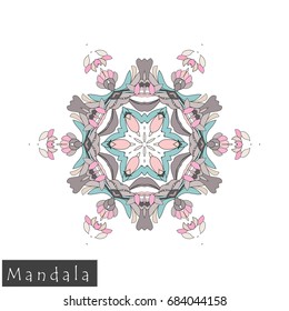 Floral symmetrical geometrical symbol. Vector flower mandala icon isolated on white. Oriental round colored pattern. Arabic, Indian, Moroccan, Spain, Turkish, Pakistan, Chinese decorative element.