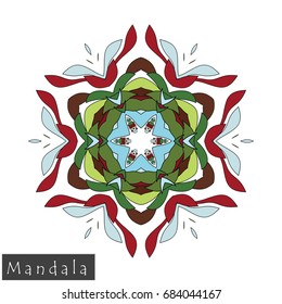 Floral symmetrical geometrical symbol. Vector flower mandala icon isolated on white. Oriental round colored pattern. Arabic, Indian, Moroccan, Spain, Turkish, Pakistan, Chinese decorative element.