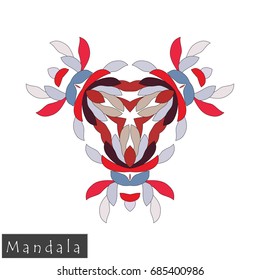 Floral symmetrical geometrical symbol. Vector flower mandala icon isolated on white. Oriental round colored pattern. Arabic, Indian, Moroccan, Spain, Turkish, Pakistan, Chinese decorative element.
