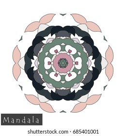 Floral symmetrical geometrical symbol. Vector flower mandala icon isolated on white. Oriental round colored pattern. Arabic, Indian, Moroccan, Spain, Turkish, Pakistan, Chinese decorative element.