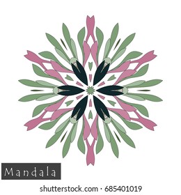 Floral symmetrical geometrical symbol. Vector flower mandala icon isolated on white. Oriental round colored pattern. Arabic, Indian, Moroccan, Spain, Turkish, Pakistan, Chinese decorative element.