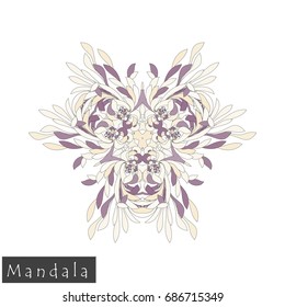 Floral symmetrical geometrical symbol. Vector flower mandala icon isolated on white. Oriental round colored pattern. Arabic, Indian, Moroccan, Spain, Turkish, Pakistan, Chinese decorative element.