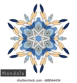 Floral symmetrical geometrical symbol. Vector flower mandala icon isolated on white. Oriental round colored pattern. Arabic, Indian, Moroccan, Spain, Turkish, Pakistan, Chinese decorative element.