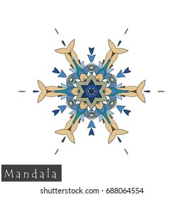 Floral symmetrical geometrical symbol. Vector flower mandala icon isolated on white. Oriental round colored pattern. Arabic, Indian, Moroccan, Spain, Turkish, Pakistan, Chinese decorative element.