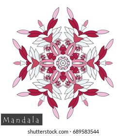 Floral symmetrical geometrical symbol. Vector flower mandala icon isolated on white. Oriental round colored pattern. Arabic, Indian, Moroccan, Spain, Turkish, Pakistan, Chinese decorative element.