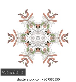 Floral symmetrical geometrical symbol. Vector flower mandala icon isolated on white. Oriental round colored pattern. Arabic, Indian, Moroccan, Spain, Turkish, Pakistan, Chinese decorative element.