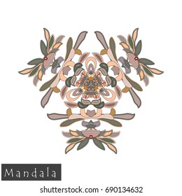 Floral symmetrical geometrical symbol. Vector flower mandala icon isolated on white. Oriental round colored pattern. Arabic, Indian, Moroccan, Spain, Turkish, Pakistan, Chinese decorative element.