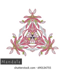 Floral symmetrical geometrical symbol. Vector flower mandala icon isolated on white. Oriental round colored pattern. Arabic, Indian, Moroccan, Spain, Turkish, Pakistan, Chinese decorative element.