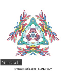 Floral symmetrical geometrical symbol. Vector flower mandala icon isolated on white. Oriental round colored pattern. Arabic, Indian, Moroccan, Spain, Turkish, Pakistan, Chinese decorative element.