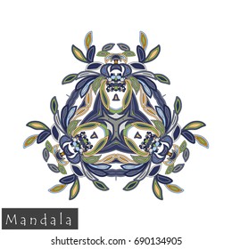 Floral symmetrical geometrical symbol. Vector flower mandala icon isolated on white. Oriental round colored pattern. Arabic, Indian, Moroccan, Spain, Turkish, Pakistan, Chinese decorative element.