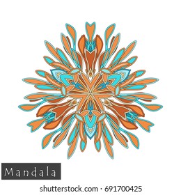 Floral symmetrical geometrical symbol. Vector flower mandala icon isolated on white. Oriental round colored pattern. Arabic, Indian, Moroccan, Spain, Turkish, Pakistan, Chinese decorative element.