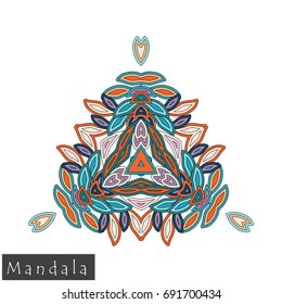 Floral symmetrical geometrical symbol. Vector flower mandala icon isolated on white. Oriental round colored pattern. Arabic, Indian, Moroccan, Spain, Turkish, Pakistan, Chinese decorative element.