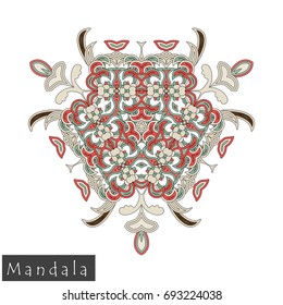 Floral symmetrical geometrical symbol. Vector flower mandala icon isolated on white. Oriental round colored pattern. Arabic, Indian, Moroccan, Spain, Turkish, Pakistan, Chinese decorative element.