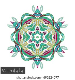 Floral symmetrical geometrical symbol. Vector flower mandala icon isolated on white. Oriental round colored pattern. Arabic, Indian, Moroccan, Spain, Turkish, Pakistan, Chinese decorative element.