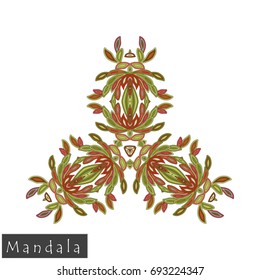 Floral symmetrical geometrical symbol. Vector flower mandala icon isolated on white. Oriental round colored pattern. Arabic, Indian, Moroccan, Spain, Turkish, Pakistan, Chinese decorative element.