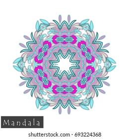 Floral symmetrical geometrical symbol. Vector flower mandala icon isolated on white. Oriental round colored pattern. Arabic, Indian, Moroccan, Spain, Turkish, Pakistan, Chinese decorative element.