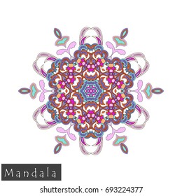 Floral symmetrical geometrical symbol. Vector flower mandala icon isolated on white. Oriental round colored pattern. Arabic, Indian, Moroccan, Spain, Turkish, Pakistan, Chinese decorative element.