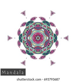 Floral symmetrical geometrical symbol. Vector flower mandala icon isolated on white. Oriental round colored pattern. Arabic, Indian, Moroccan, Spain, Turkish, Pakistan, Chinese decorative element.