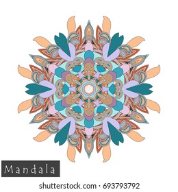 Floral symmetrical geometrical symbol. Vector flower mandala icon isolated on white. Oriental round colored pattern. Arabic, Indian, Moroccan, Spain, Turkish, Pakistan, Chinese decorative element.