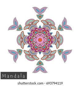 Floral symmetrical geometrical symbol. Vector flower mandala icon isolated on white. Oriental round colored pattern. Arabic, Indian, Moroccan, Spain, Turkish, Pakistan, Chinese decorative element.