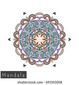 Floral symmetrical geometrical symbol. Vector flower mandala icon isolated on white. Oriental round colored pattern. Arabic, Indian, Moroccan, Spain, Turkish, Pakistan, Chinese decorative element.