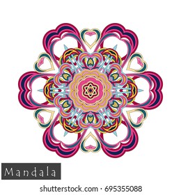 Floral symmetrical geometrical symbol. Vector flower mandala icon isolated on white. Oriental round colored pattern. Arabic, Indian, Moroccan, Spain, Turkish, Pakistan, Chinese decorative element.