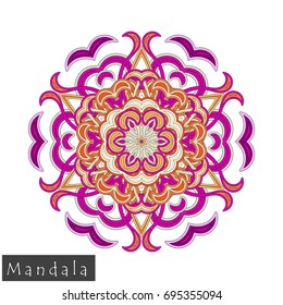 Floral symmetrical geometrical symbol. Vector flower mandala icon isolated on white. Oriental round colored pattern. Arabic, Indian, Moroccan, Spain, Turkish, Pakistan, Chinese decorative element.