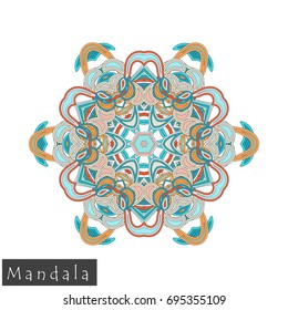 Floral symmetrical geometrical symbol. Vector flower mandala icon isolated on white. Oriental round colored pattern. Arabic, Indian, Moroccan, Spain, Turkish, Pakistan, Chinese decorative element.