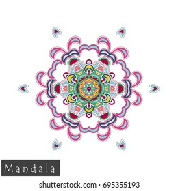 Floral symmetrical geometrical symbol. Vector flower mandala icon isolated on white. Oriental round colored pattern. Arabic, Indian, Moroccan, Spain, Turkish, Pakistan, Chinese decorative element.