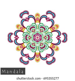 Floral symmetrical geometrical symbol. Vector flower mandala icon isolated on white. Oriental round colored pattern. Arabic, Indian, Moroccan, Spain, Turkish, Pakistan, Chinese decorative element.