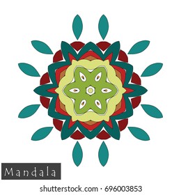 Floral symmetrical geometrical symbol. Vector flower mandala icon isolated on white. Oriental round colored pattern. Arabic, Indian, Moroccan, Spain, Turkish, Pakistan, Chinese decorative element.