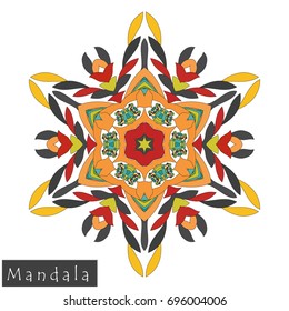 Floral symmetrical geometrical symbol. Vector flower mandala icon isolated on white. Oriental round colored pattern. Arabic, Indian, Moroccan, Spain, Turkish, Pakistan, Chinese decorative element.