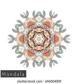 Floral symmetrical geometrical symbol. Vector flower mandala icon isolated on white. Oriental round colored pattern. Arabic, Indian, Moroccan, Spain, Turkish, Pakistan, Chinese decorative element.