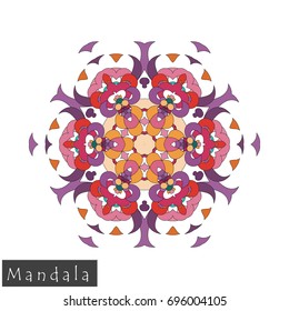 Floral symmetrical geometrical symbol. Vector flower mandala icon isolated on white. Oriental round colored pattern. Arabic, Indian, Moroccan, Spain, Turkish, Pakistan, Chinese decorative element.