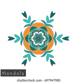 Floral symmetrical geometrical symbol. Vector flower mandala icon isolated on white. Oriental round colored pattern. Arabic, Indian, Moroccan, Spain, Turkish, Pakistan, Chinese decorative element.