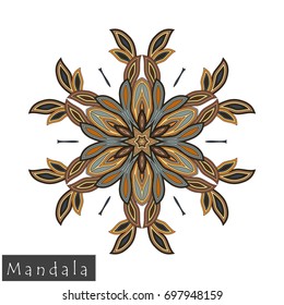 Floral symmetrical geometrical symbol. Vector flower mandala icon isolated on white. Oriental round colored pattern. Arabic, Indian, Moroccan, Spain, Turkish, Pakistan, Chinese decorative element.