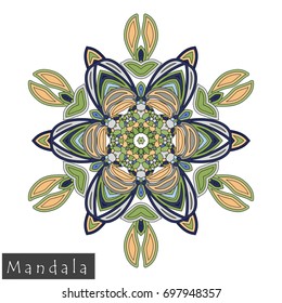 Floral symmetrical geometrical symbol. Vector flower mandala icon isolated on white. Oriental round colored pattern. Arabic, Indian, Moroccan, Spain, Turkish, Pakistan, Chinese decorative element.