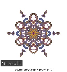 Floral symmetrical geometrical symbol. Vector flower mandala icon isolated on white. Oriental round colored pattern. Arabic, Indian, Moroccan, Spain, Turkish, Pakistan, Chinese decorative element.