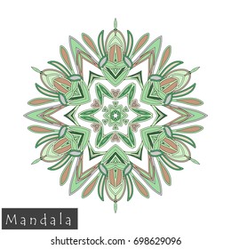 Floral symmetrical geometrical symbol. Vector flower mandala icon isolated on white. Oriental round colored pattern. Arabic, Indian, Moroccan, Spain, Turkish, Pakistan, Chinese decorative element.