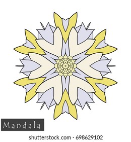 Floral symmetrical geometrical symbol. Vector flower mandala icon isolated on white. Oriental round colored pattern. Arabic, Indian, Moroccan, Spain, Turkish, Pakistan, Chinese decorative element.
