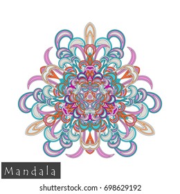 Floral symmetrical geometrical symbol. Vector flower mandala icon isolated on white. Oriental round colored pattern. Arabic, Indian, Moroccan, Spain, Turkish, Pakistan, Chinese decorative element.